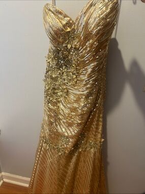 Nina Canacci Gold Strapless Sequin Gown with 3D Floral Appliqué